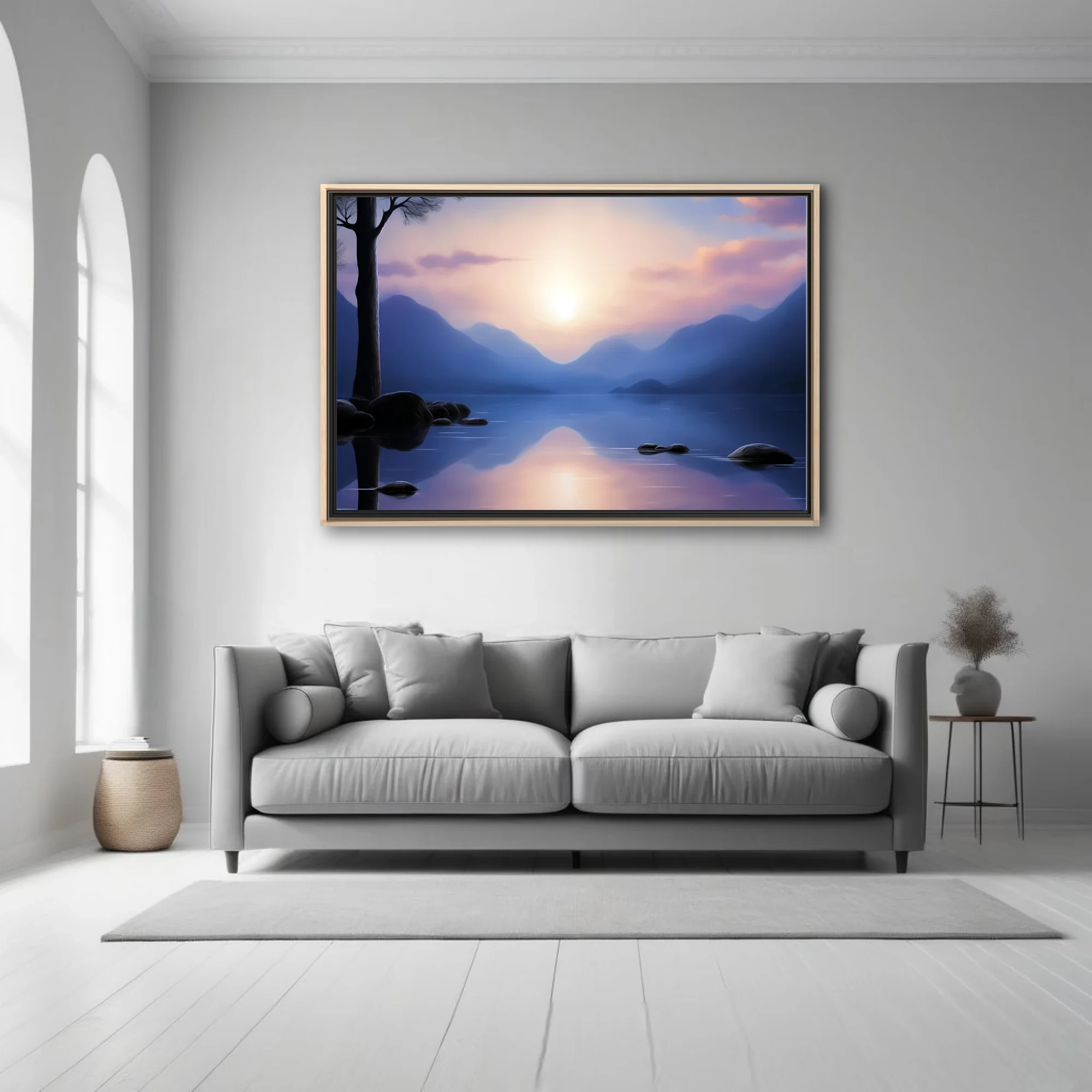 Minimalist lakeside landscape, misty mountains, glassy blue water, soft sunrise glow