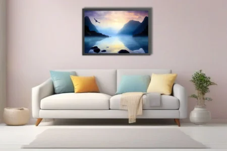 Painterly misty fjord landscape in blue and lavender with bird in flight