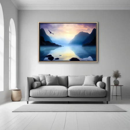 Painterly misty fjord landscape in blue and lavender with bird in flight