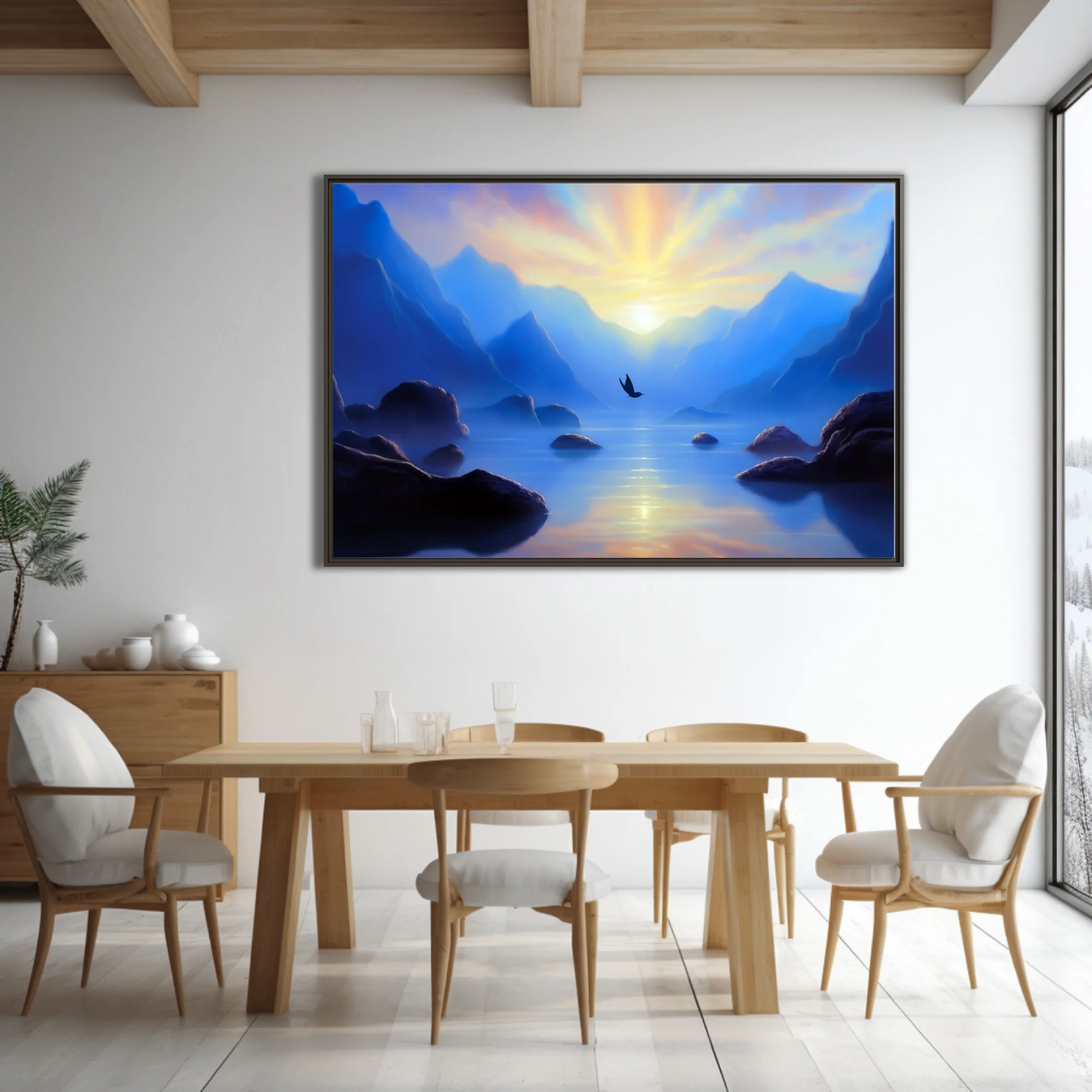 Fantasy mountain lake sunrise with bird silhouette, cobalt blue and gold tones