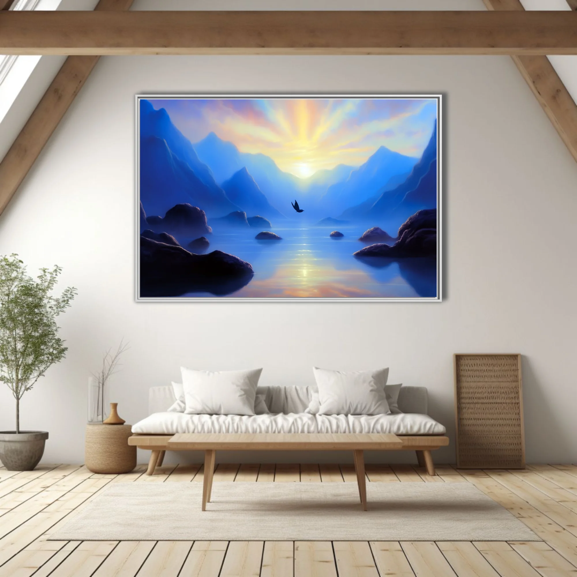 Fantasy mountain lake sunrise with bird silhouette, cobalt blue and gold tones