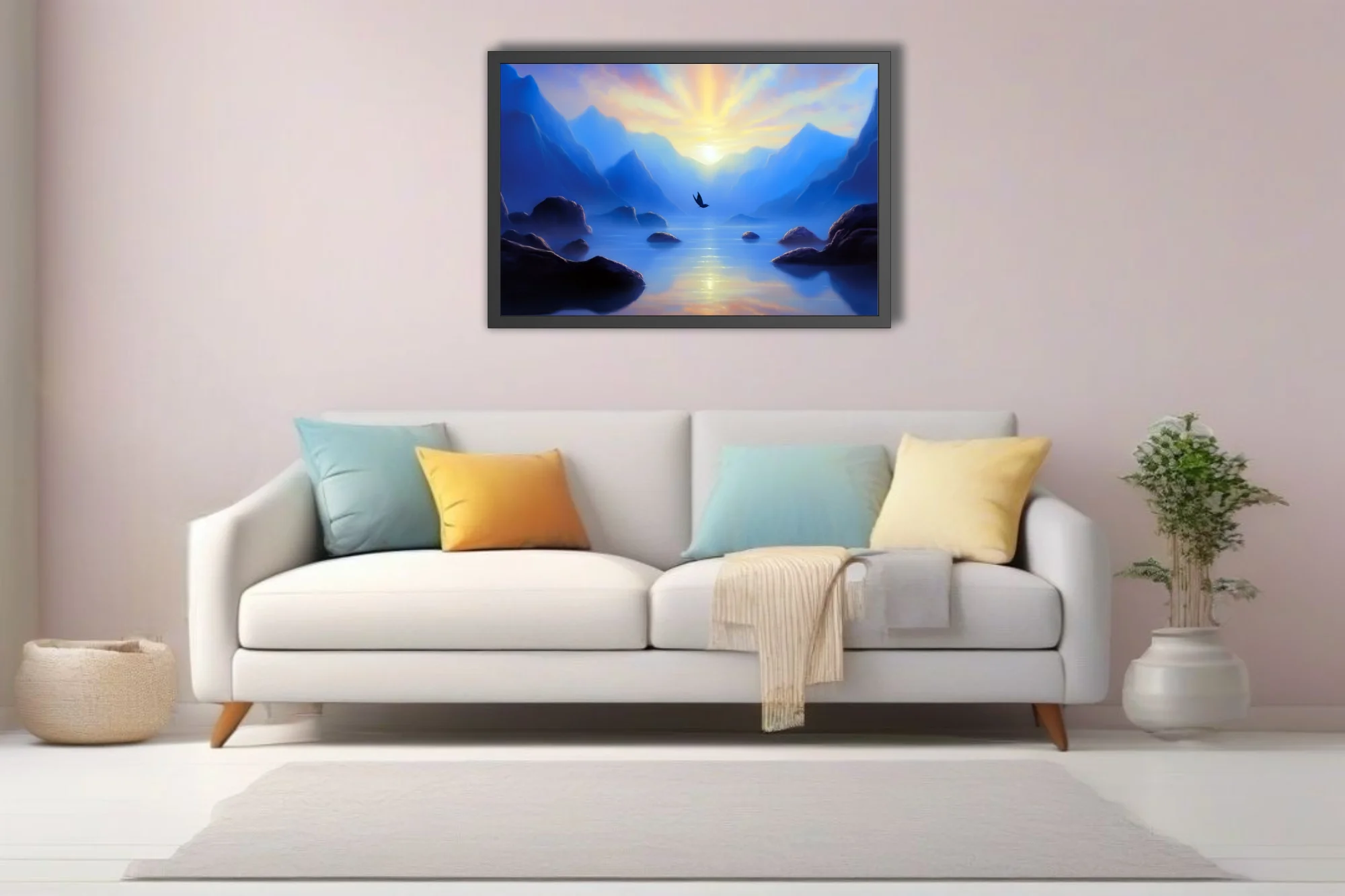 Fantasy mountain lake sunrise with bird silhouette, cobalt blue and gold tones