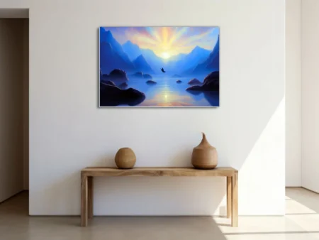 Fantasy mountain lake sunrise with bird silhouette, cobalt blue and gold tones