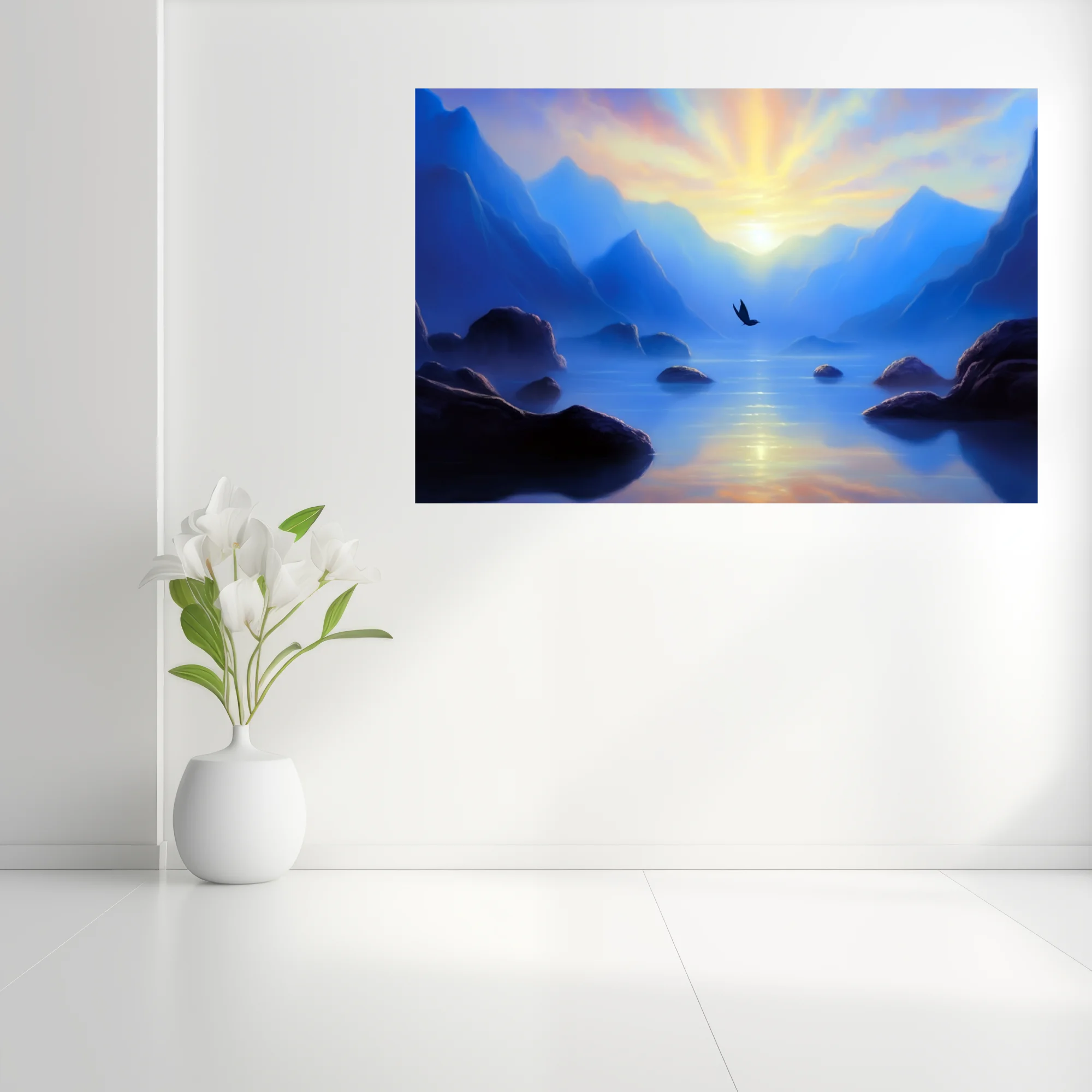 Fantasy mountain lake sunrise with bird silhouette, cobalt blue and gold tones