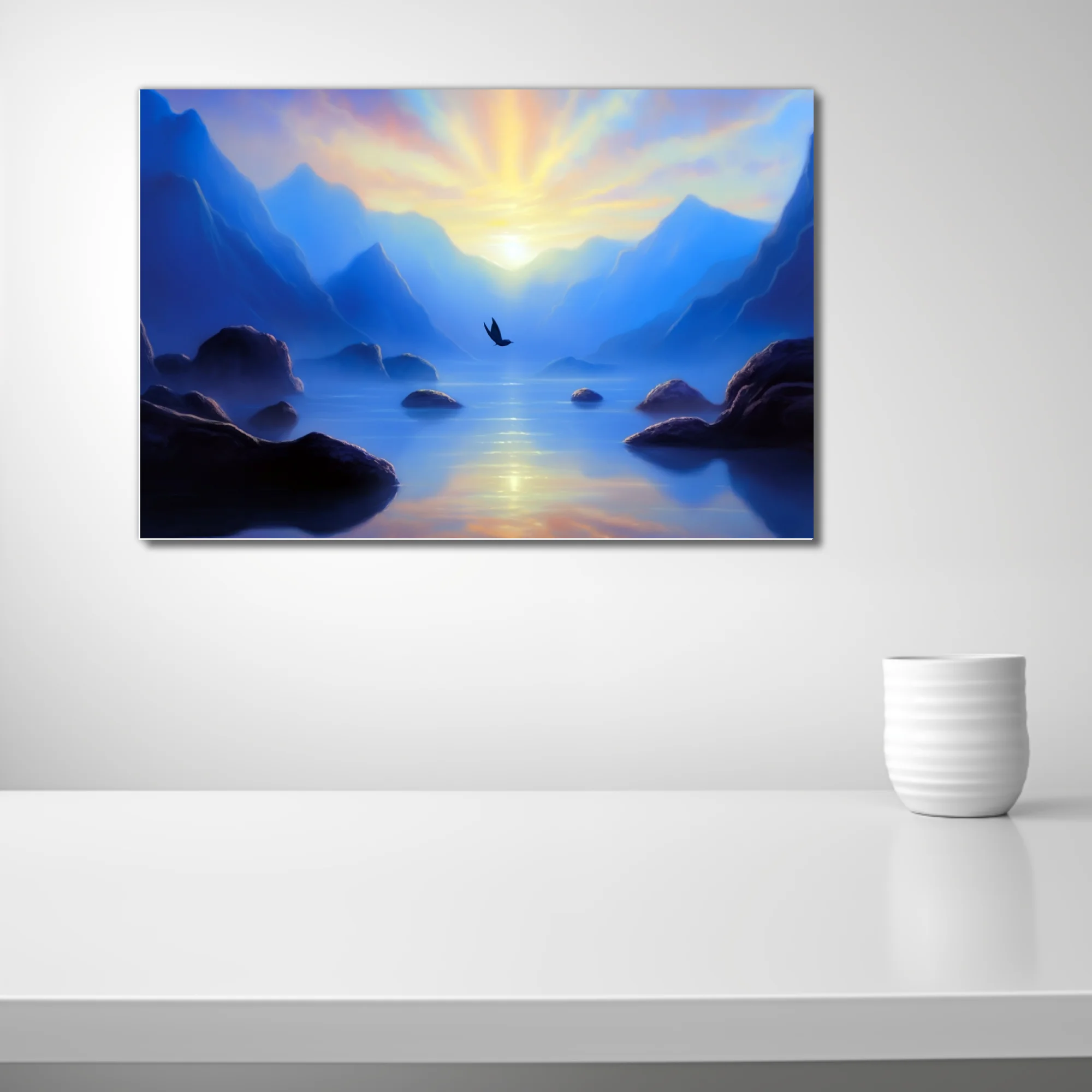 Fantasy mountain lake sunrise with bird silhouette, cobalt blue and gold tones