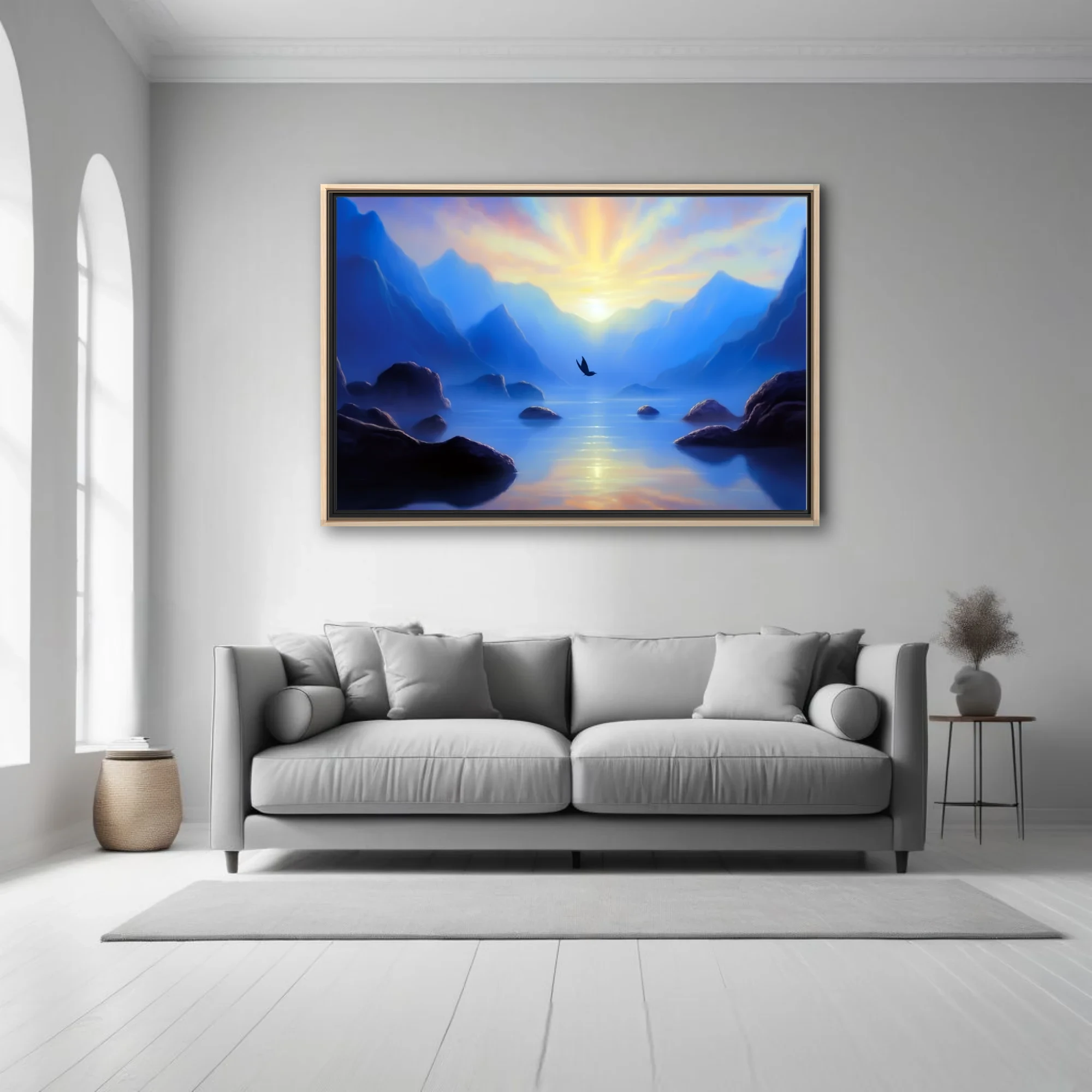 Fantasy mountain lake sunrise with bird silhouette, cobalt blue and gold tones