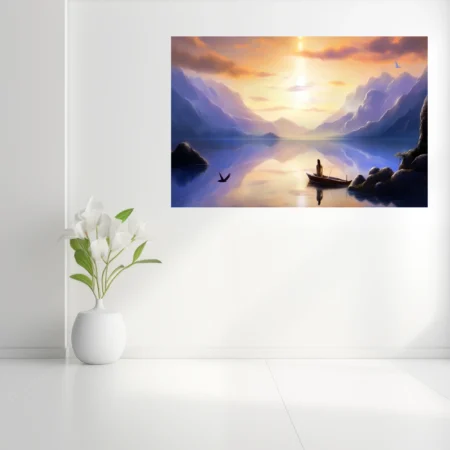 Fantasy mountain lake landscape with lone figure in boat, golden sunrise, violet hues