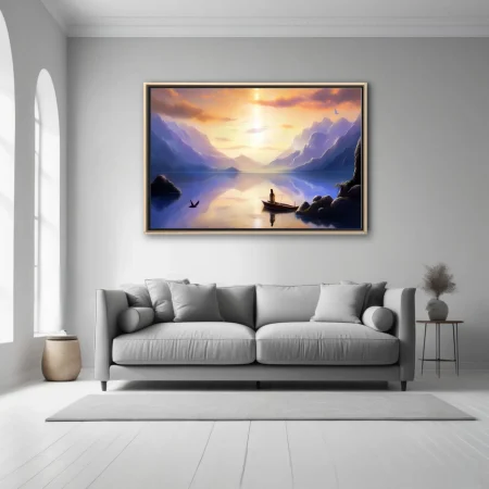 Fantasy mountain lake landscape with lone figure in boat, golden sunrise, violet hues