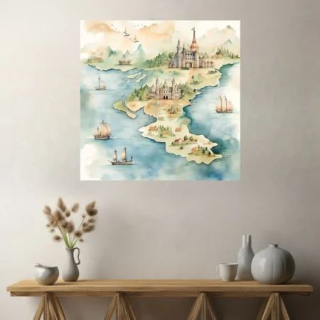 Watercolor-style fantasy map with castles, sailing ships, and coastal villages in soft teal and sand tones