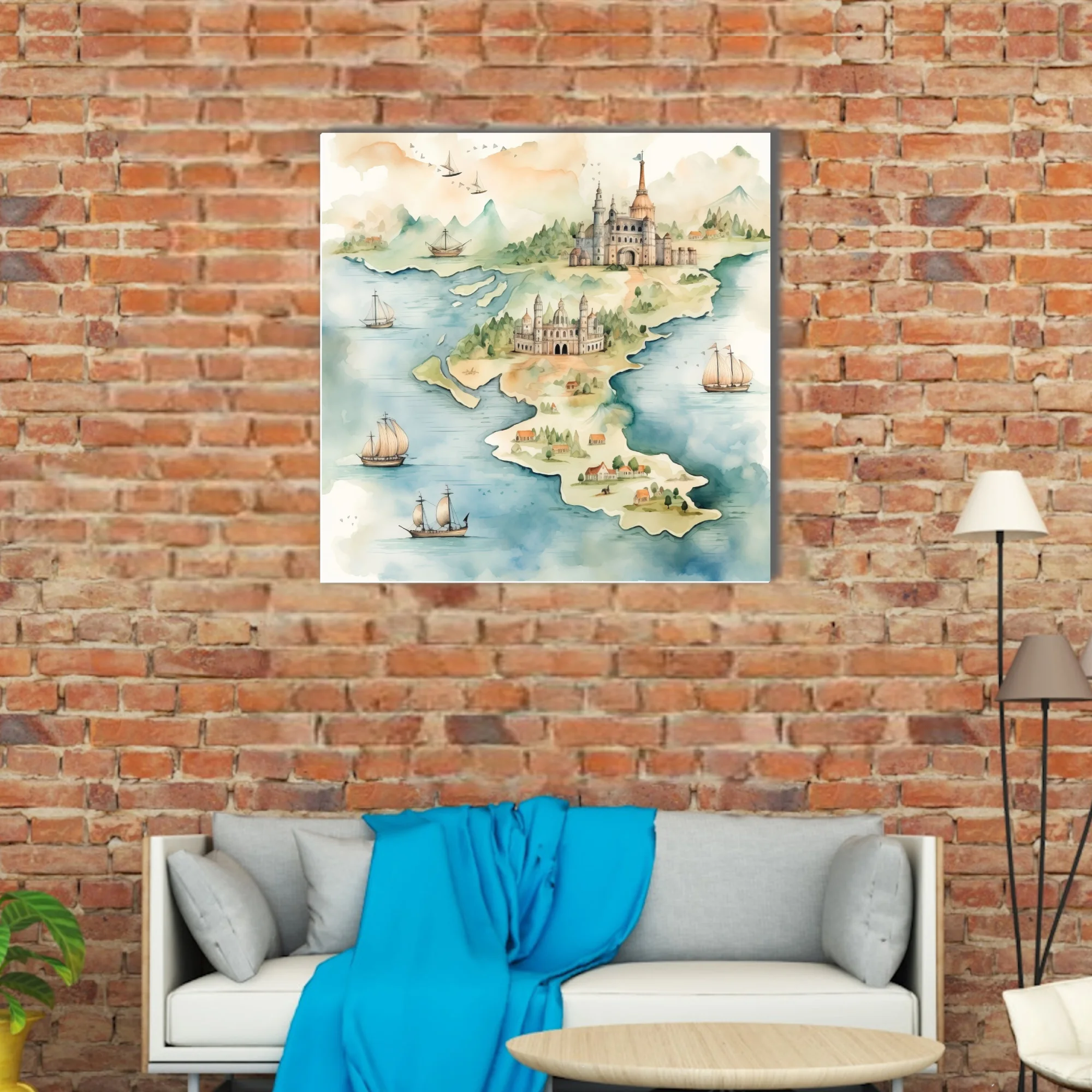 Watercolor-style fantasy map with castles, sailing ships, and coastal villages in soft teal and sand tones
