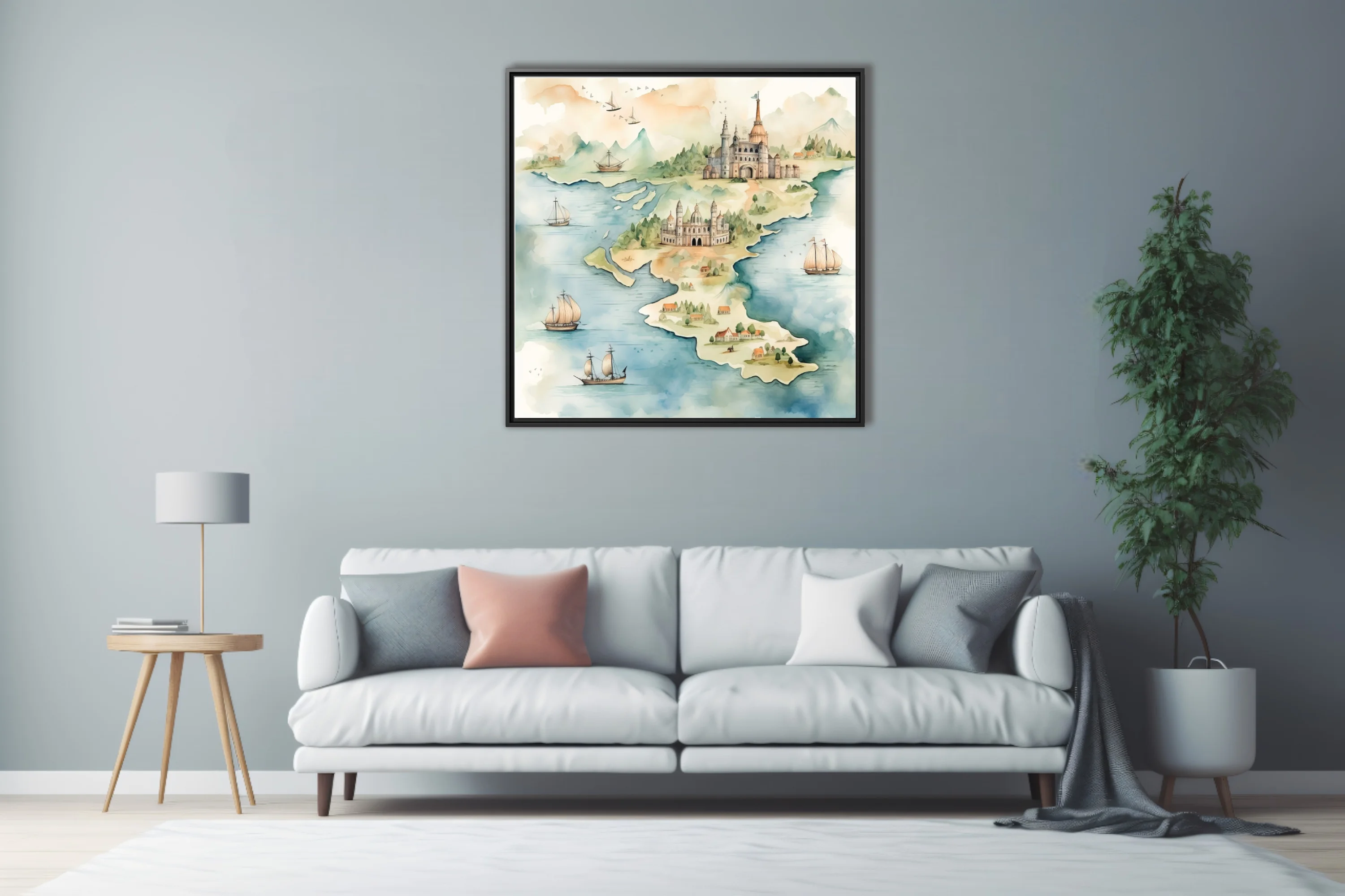 Watercolor-style fantasy map with castles, sailing ships, and coastal villages in soft teal and sand tones