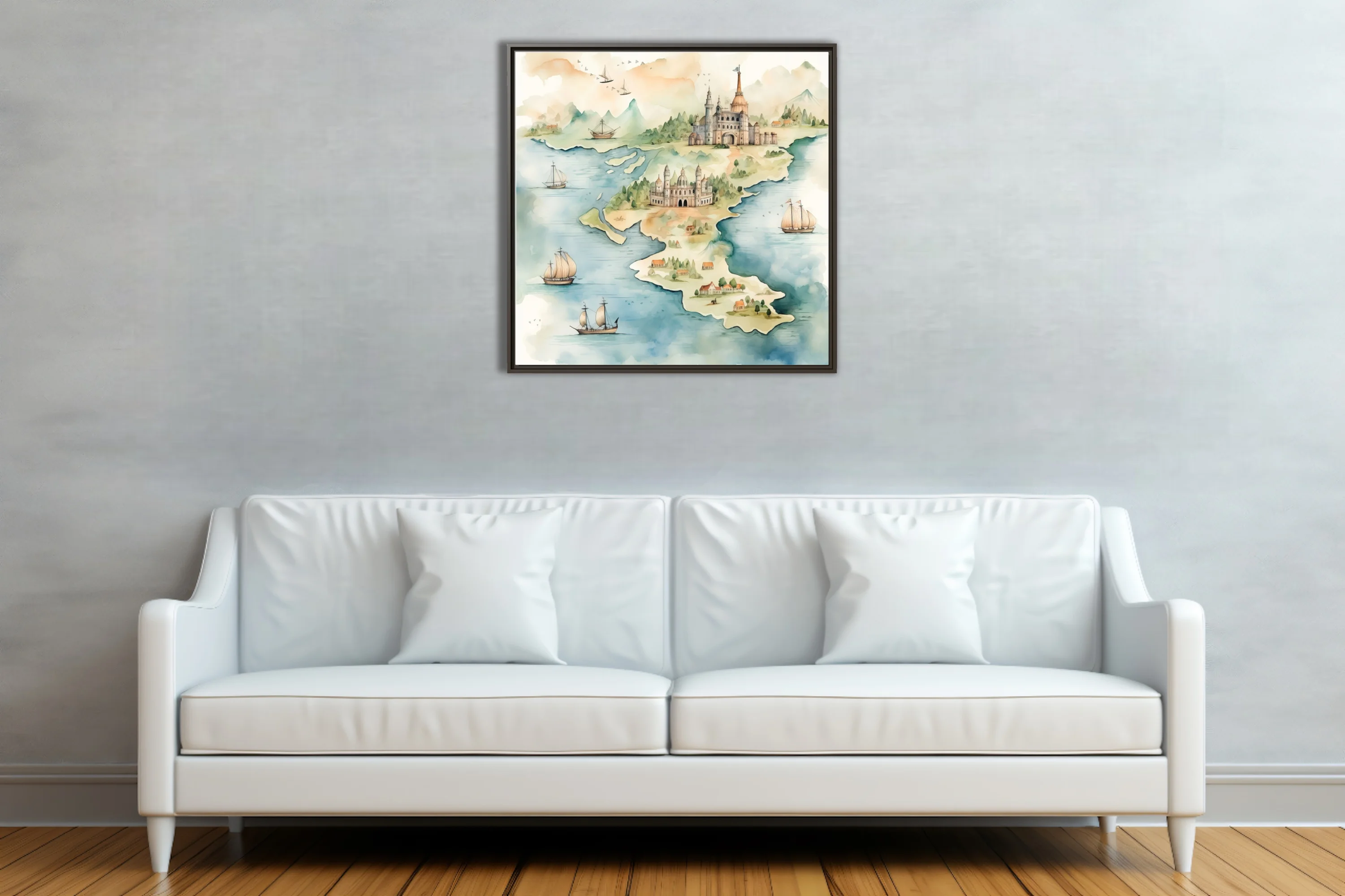Watercolor-style fantasy map with castles, sailing ships, and coastal villages in soft teal and sand tones