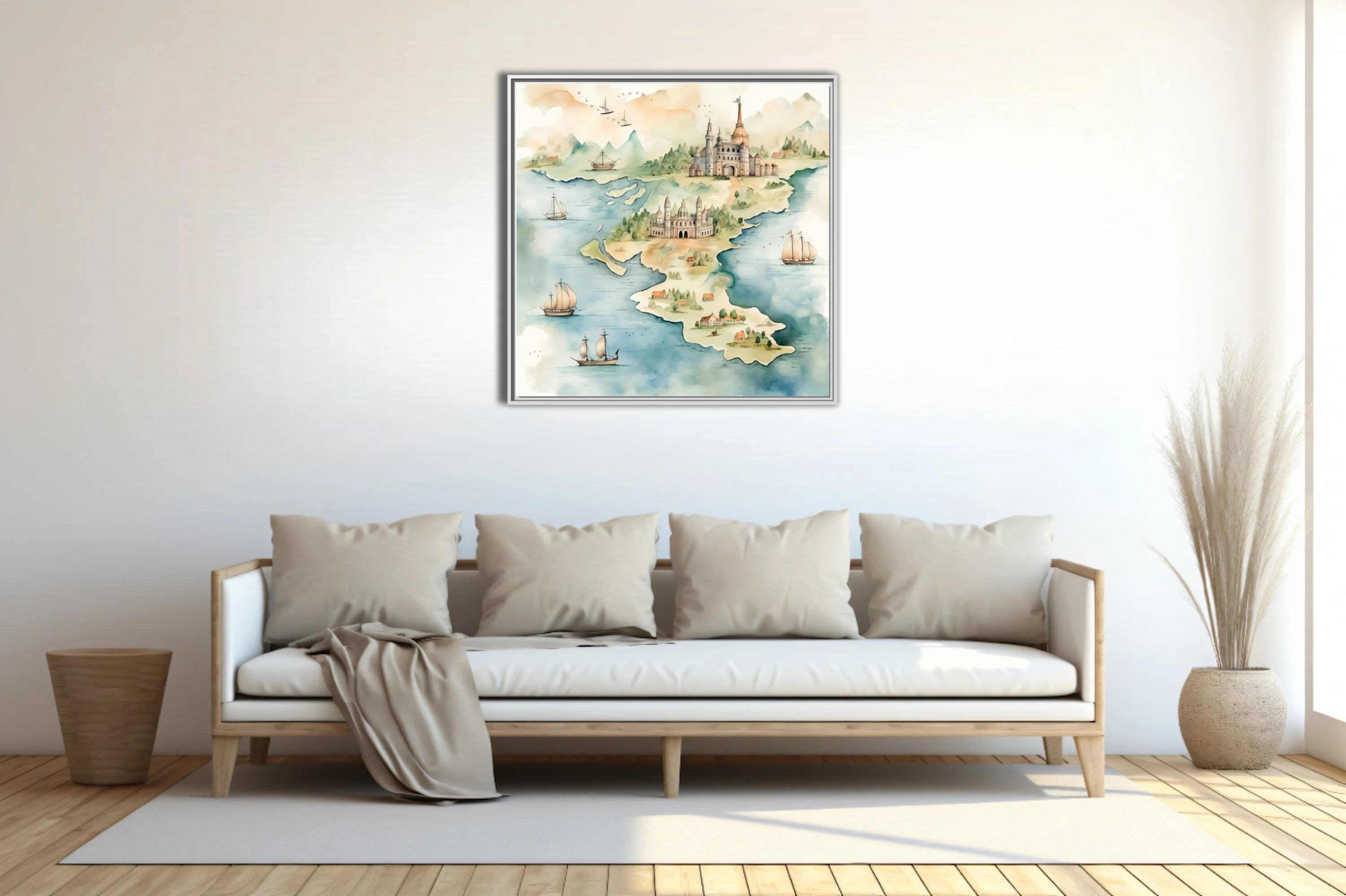 Watercolor-style fantasy map with castles, sailing ships, and coastal villages in soft teal and sand tones