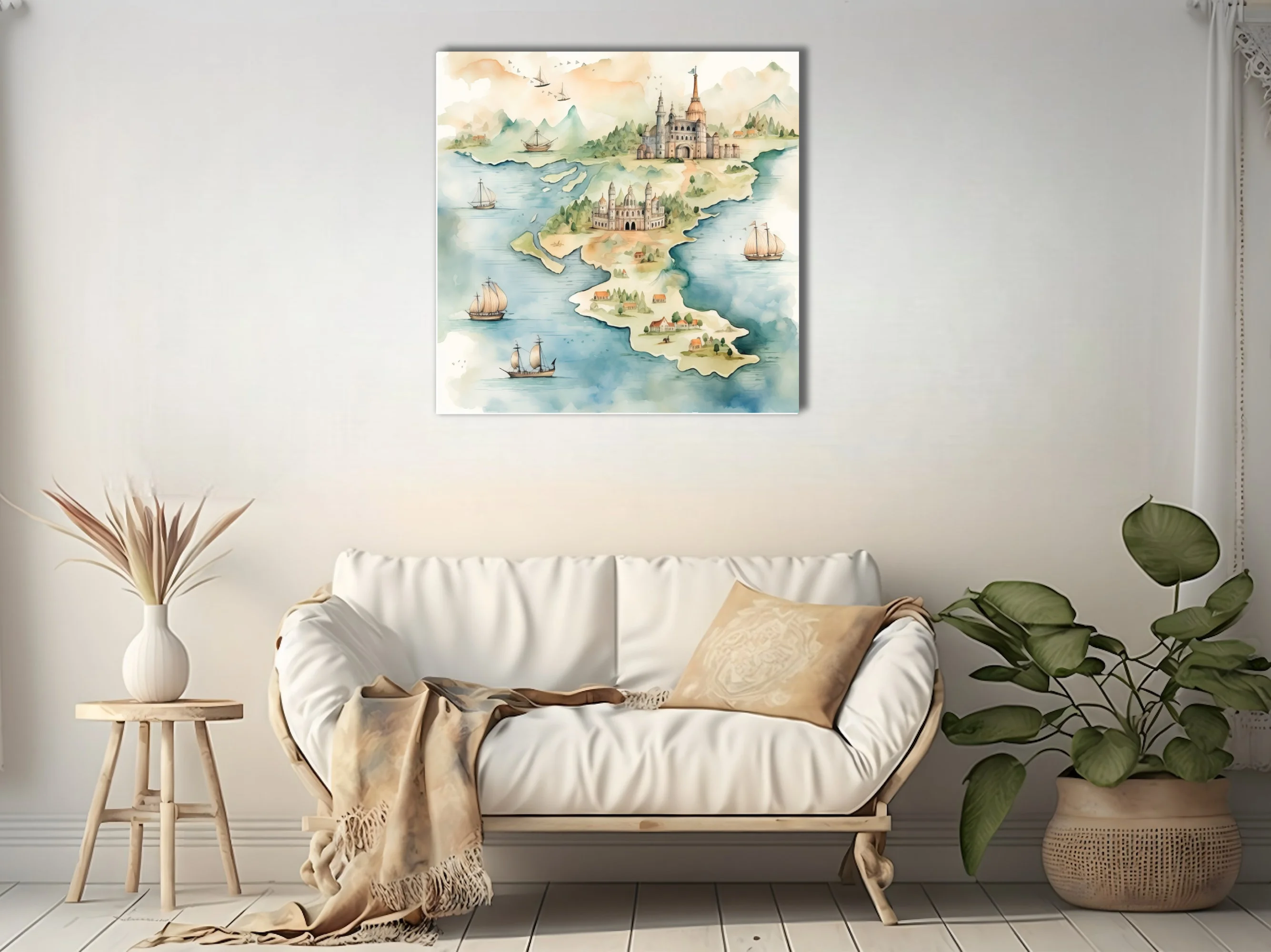 Watercolor-style fantasy map with castles, sailing ships, and coastal villages in soft teal and sand tones