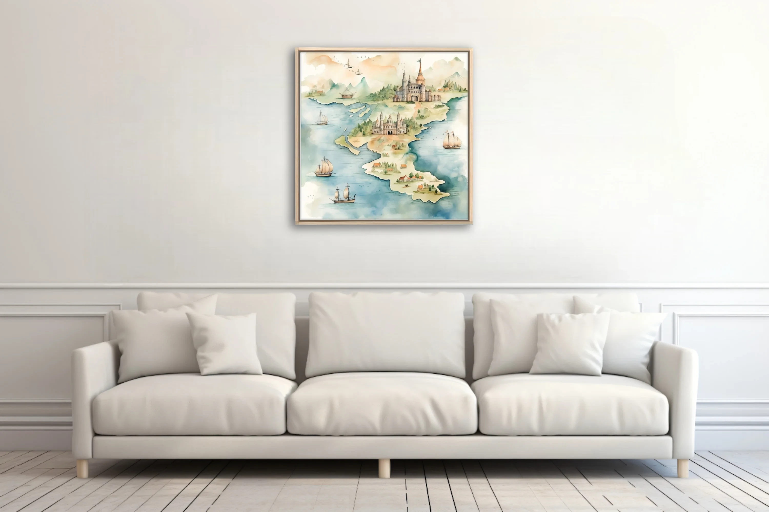 Watercolor-style fantasy map with castles, sailing ships, and coastal villages in soft teal and sand tones