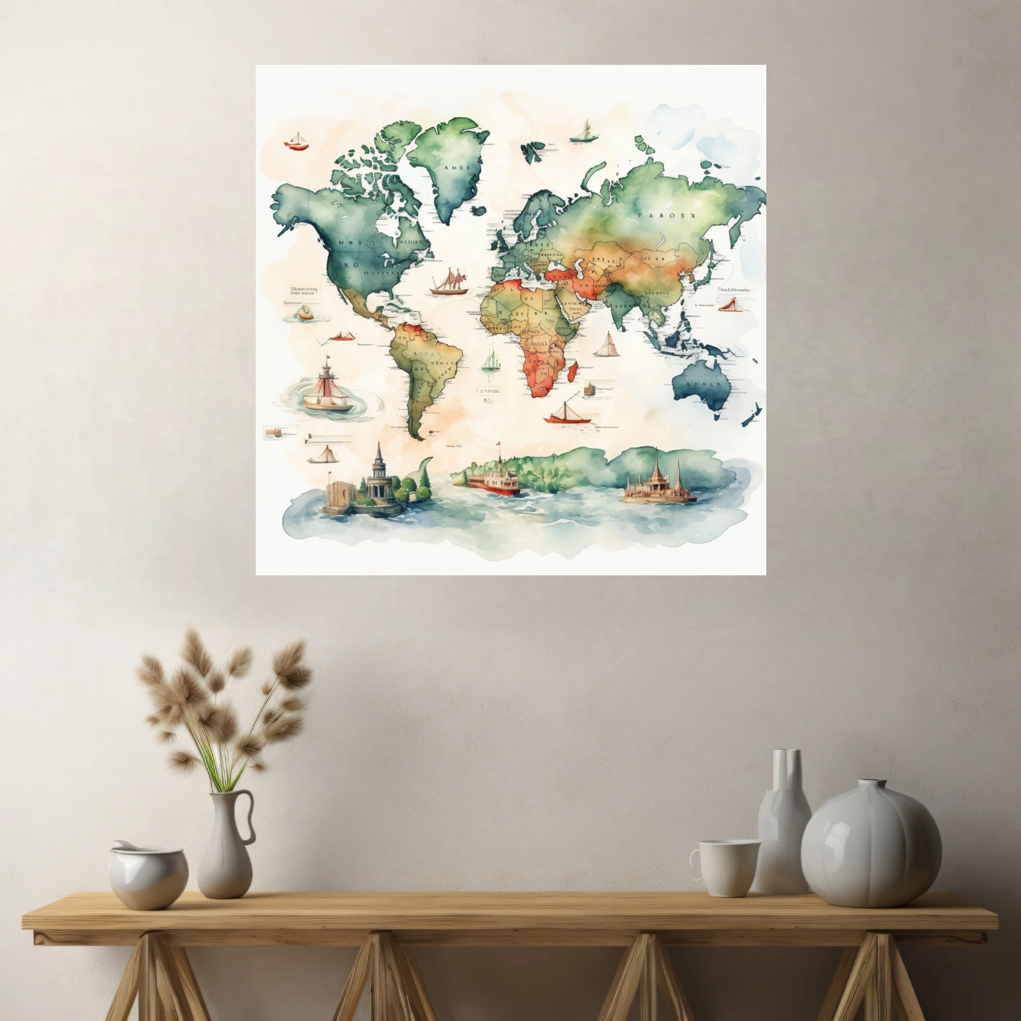 Watercolor-style illustrated world map with sailing ships and architectural vignettes