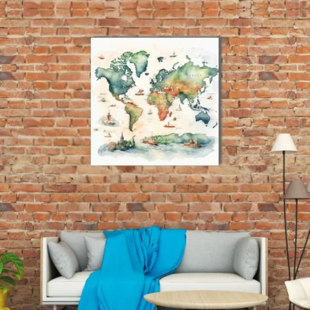 Watercolor-style illustrated world map with sailing ships and architectural vignettes