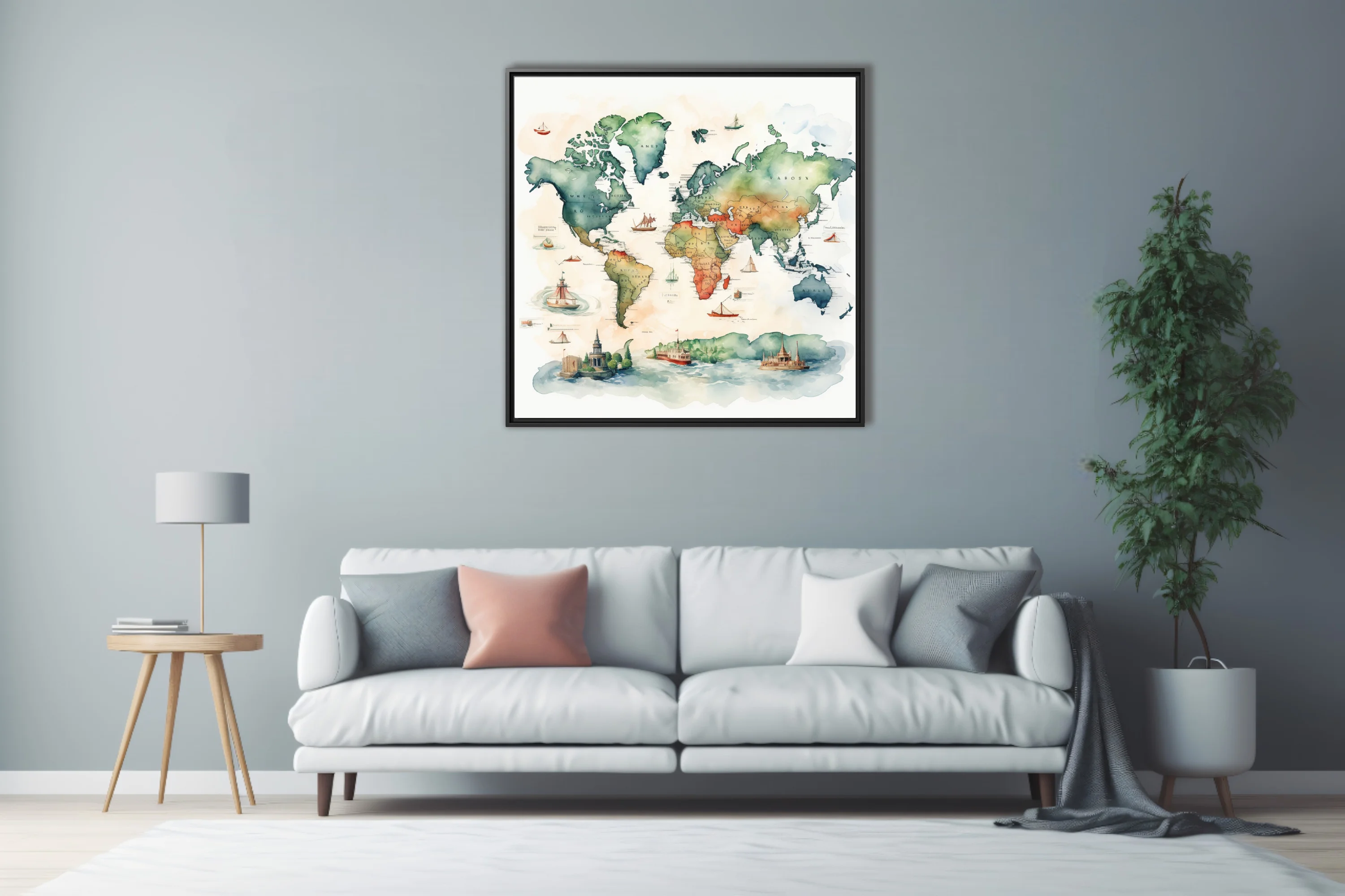 Watercolor-style illustrated world map with sailing ships and architectural vignettes