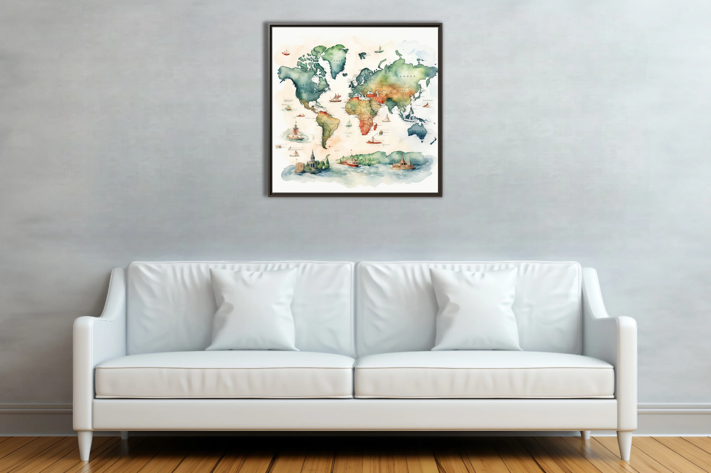 Watercolor-style illustrated world map with sailing ships and architectural vignettes