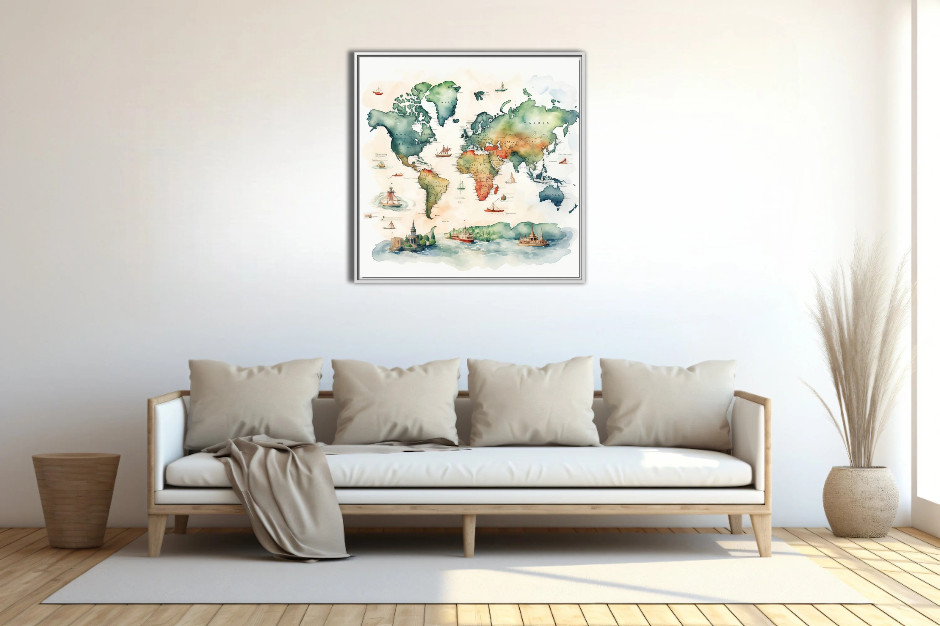 Watercolor-style illustrated world map with sailing ships and architectural vignettes