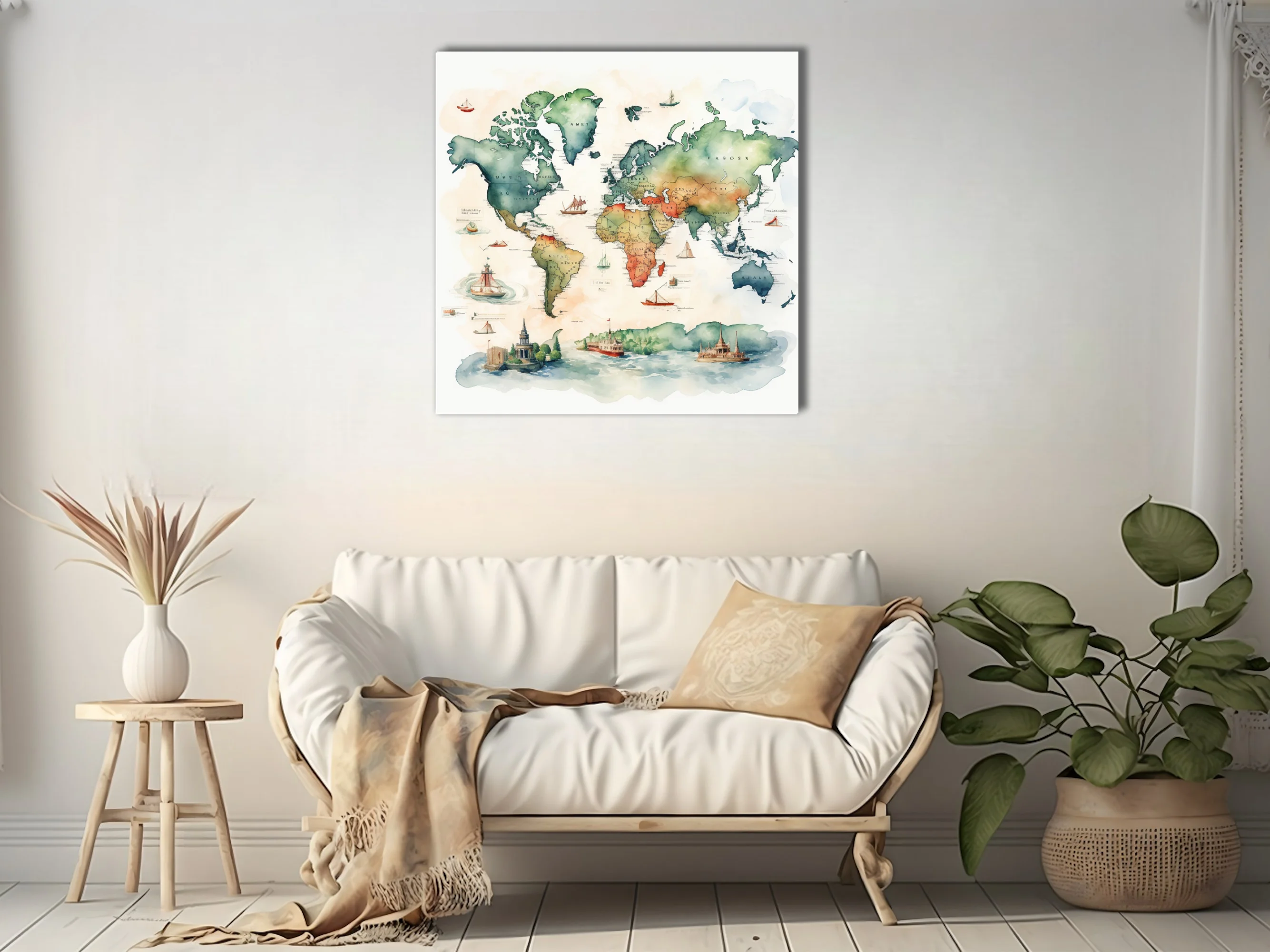 Watercolor-style illustrated world map with sailing ships and architectural vignettes