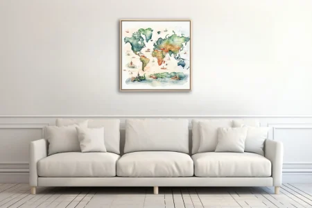 Watercolor-style illustrated world map with sailing ships and architectural vignettes
