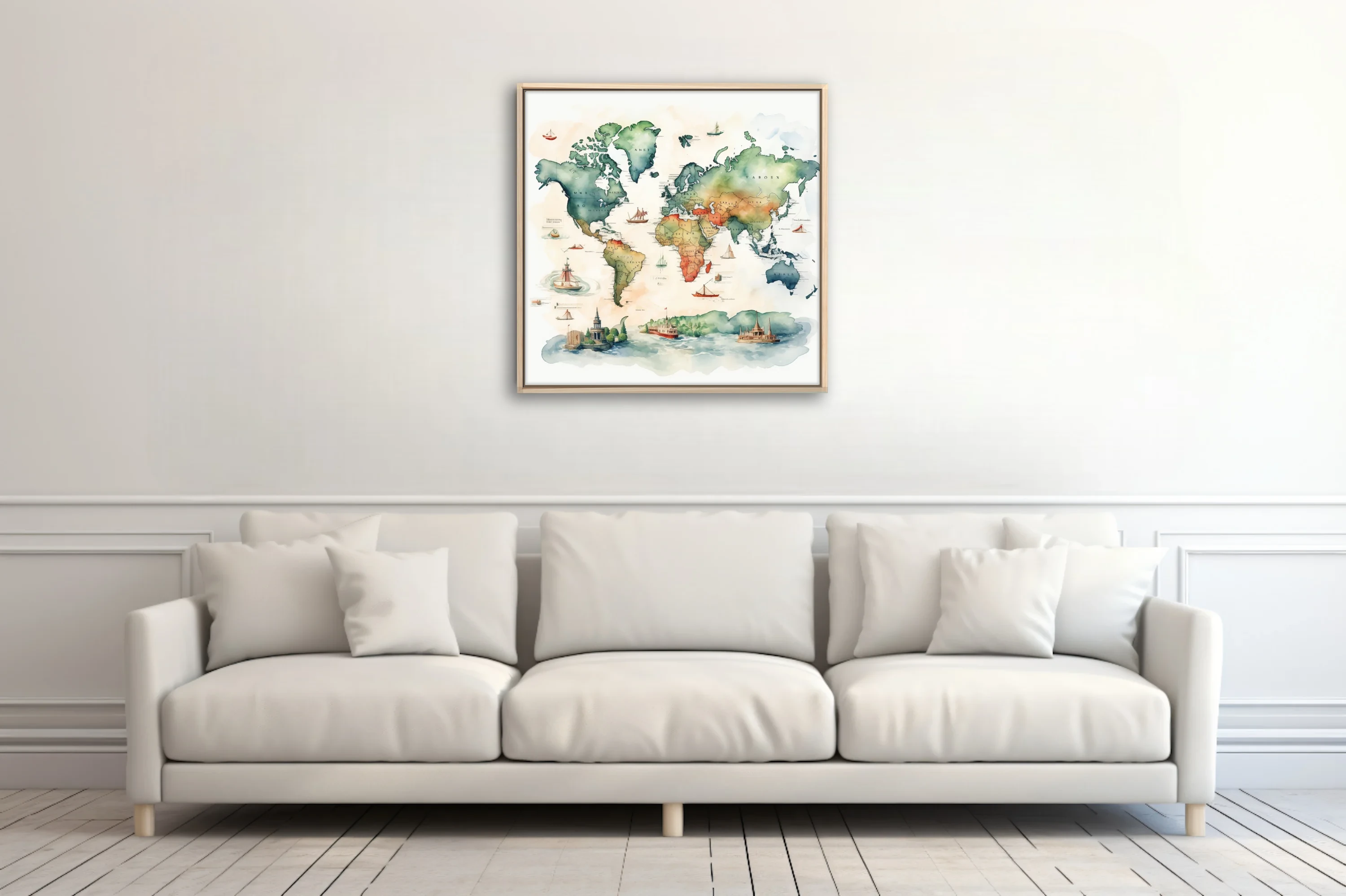 Watercolor-style illustrated world map with sailing ships and architectural vignettes