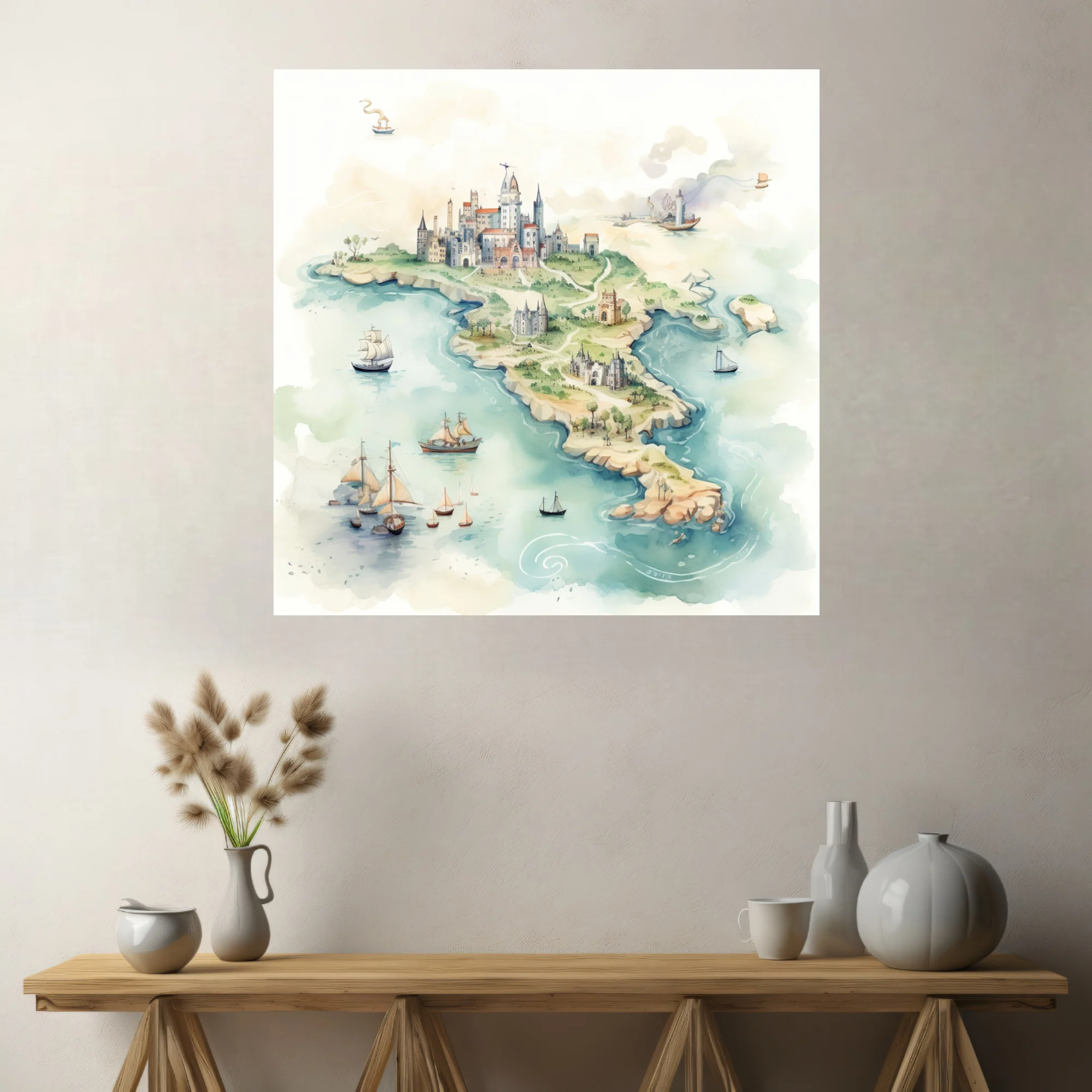 Watercolor-style fantasy island map with castles, sailing ships, and soft teal tones
