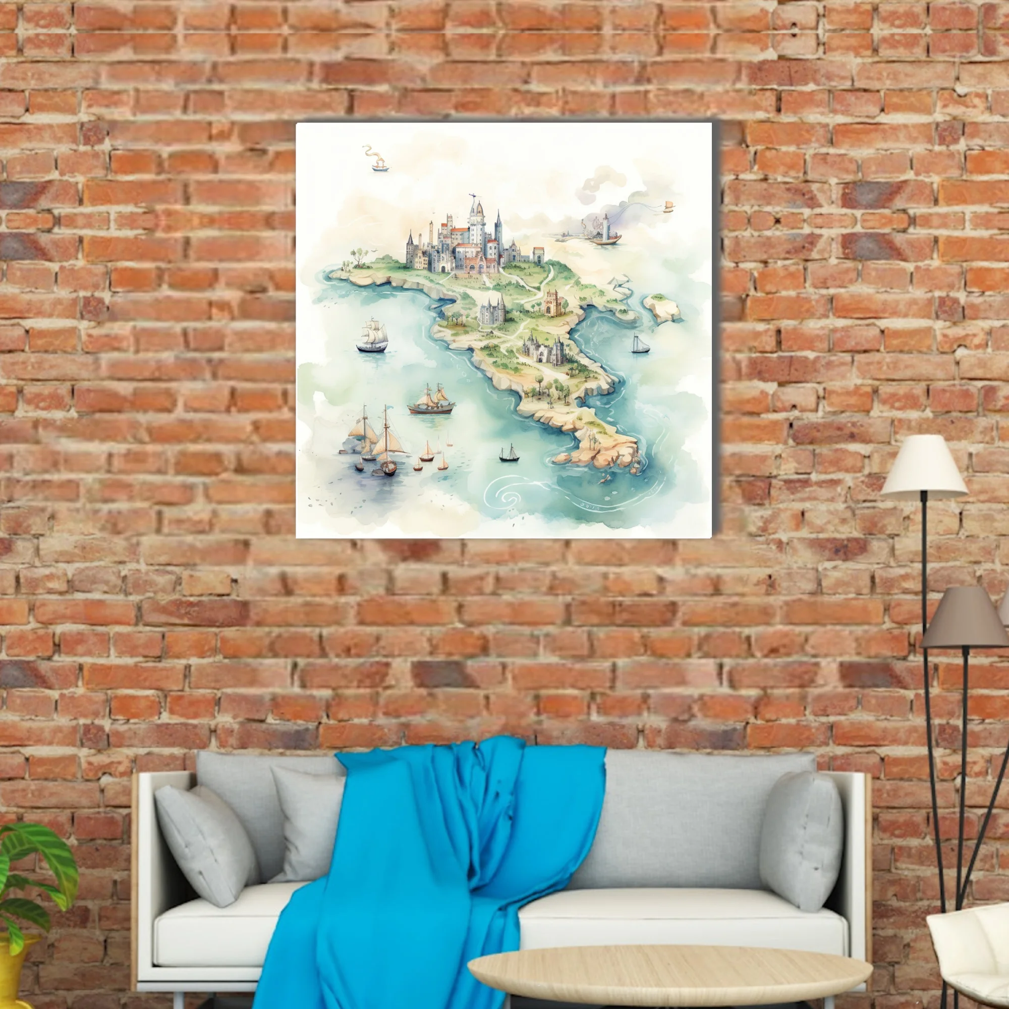 Watercolor-style fantasy island map with castles, sailing ships, and soft teal tones