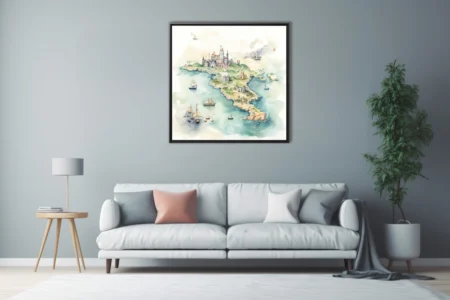 Watercolor-style fantasy island map with castles, sailing ships, and soft teal tones