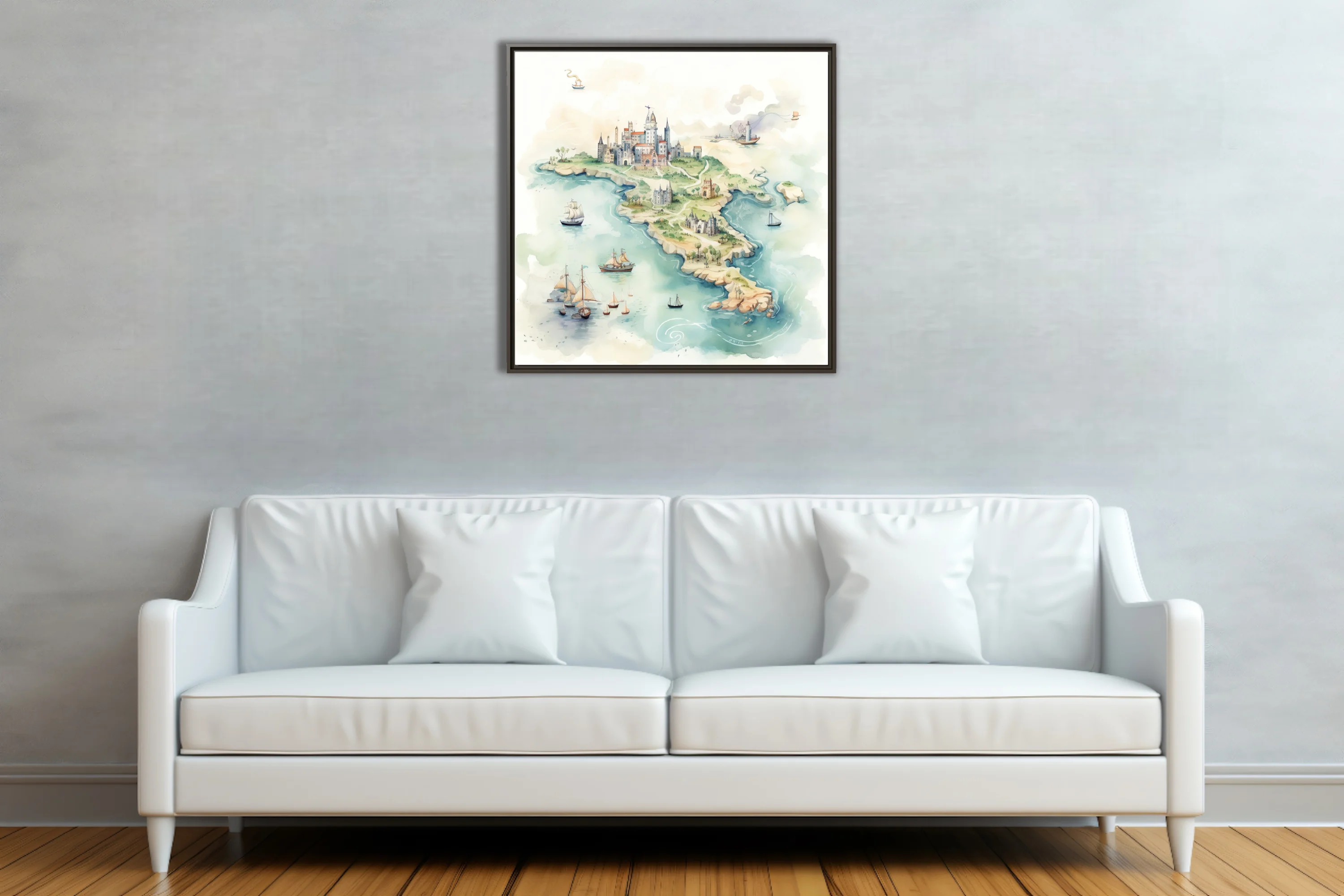 Watercolor-style fantasy island map with castles, sailing ships, and soft teal tones