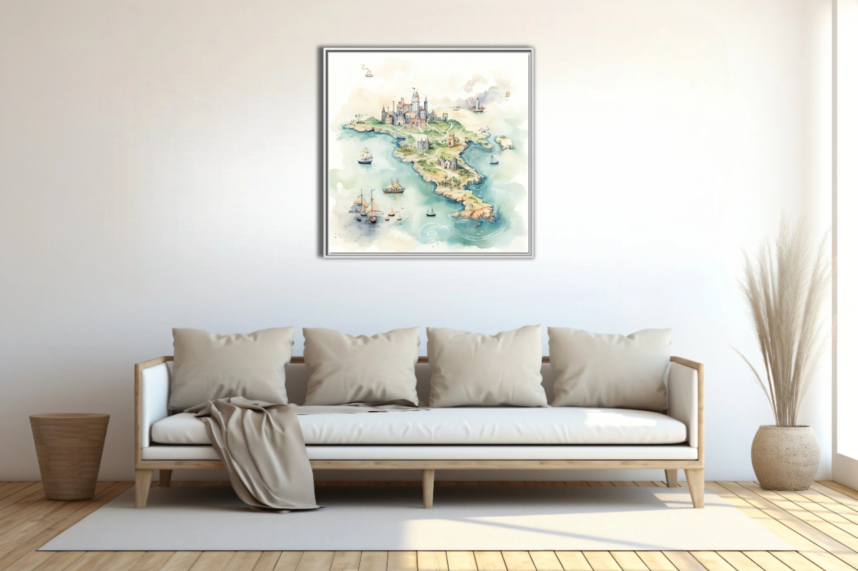 Watercolor-style fantasy island map with castles, sailing ships, and soft teal tones