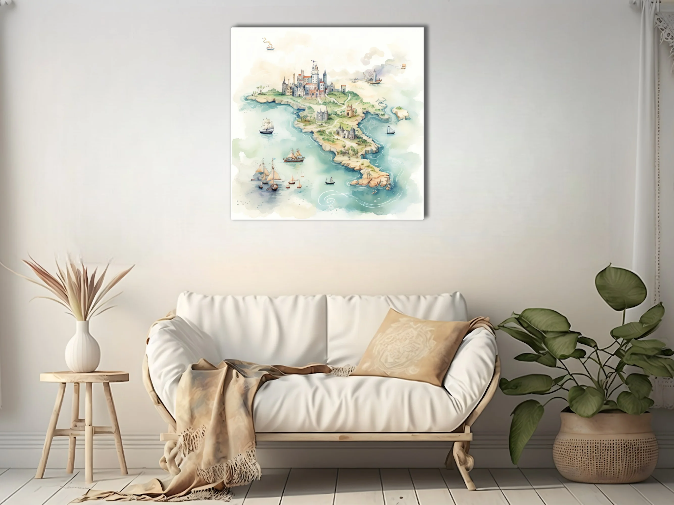 Watercolor-style fantasy island map with castles, sailing ships, and soft teal tones