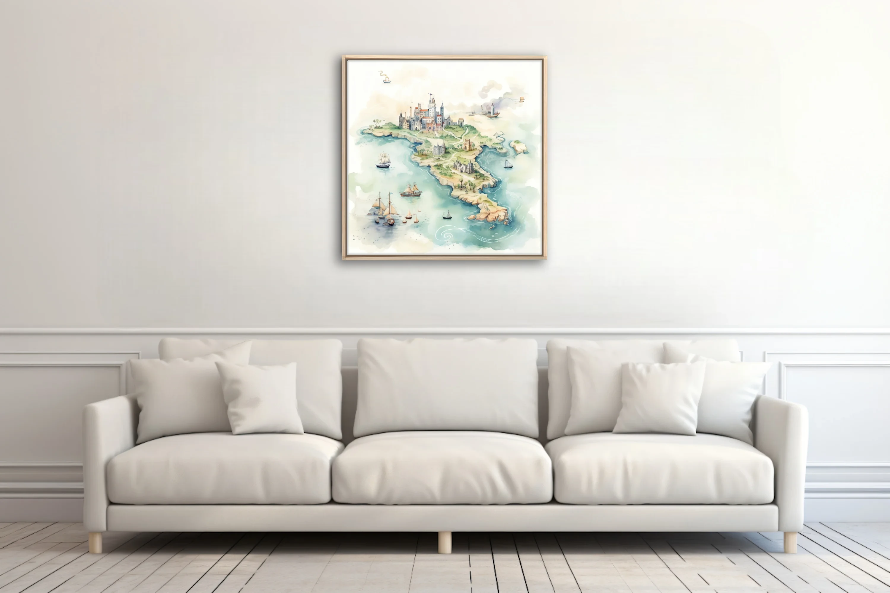 Watercolor-style fantasy island map with castles, sailing ships, and soft teal tones