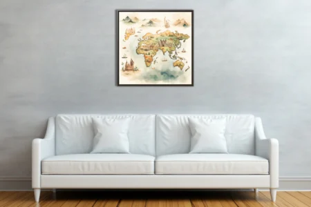 Watercolor-style illustrated world map with landmarks, sailing ships, and antique tones
