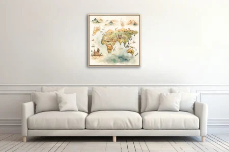 Watercolor-style illustrated world map with landmarks, sailing ships, and antique tones