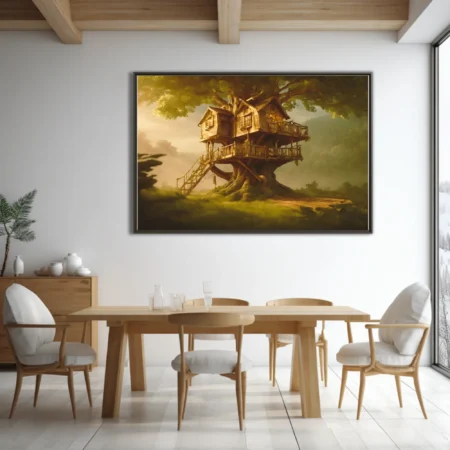Fantasy treehouse illustration in warm golden tones, storybook style, ancient tree