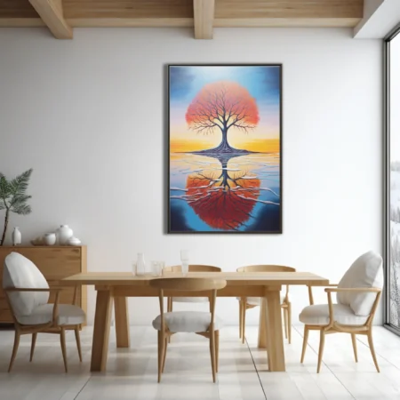 Dreamlike tree of life with fiery canopy reflected in icy water, sunset palette