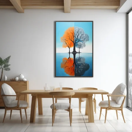 Abstract split-season tree art, orange and grey tones with water reflection