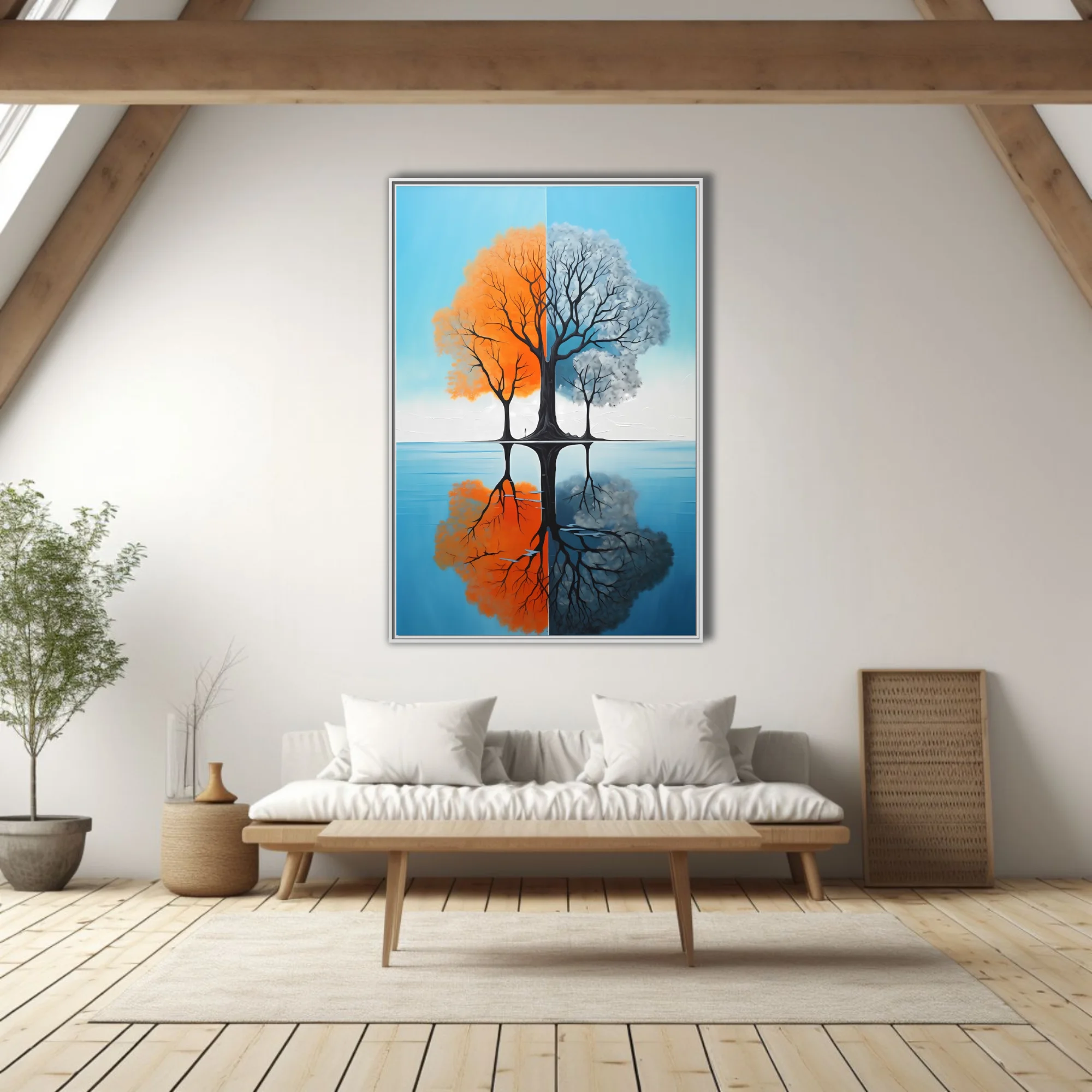 Abstract split-season tree art, orange and grey tones with water reflection