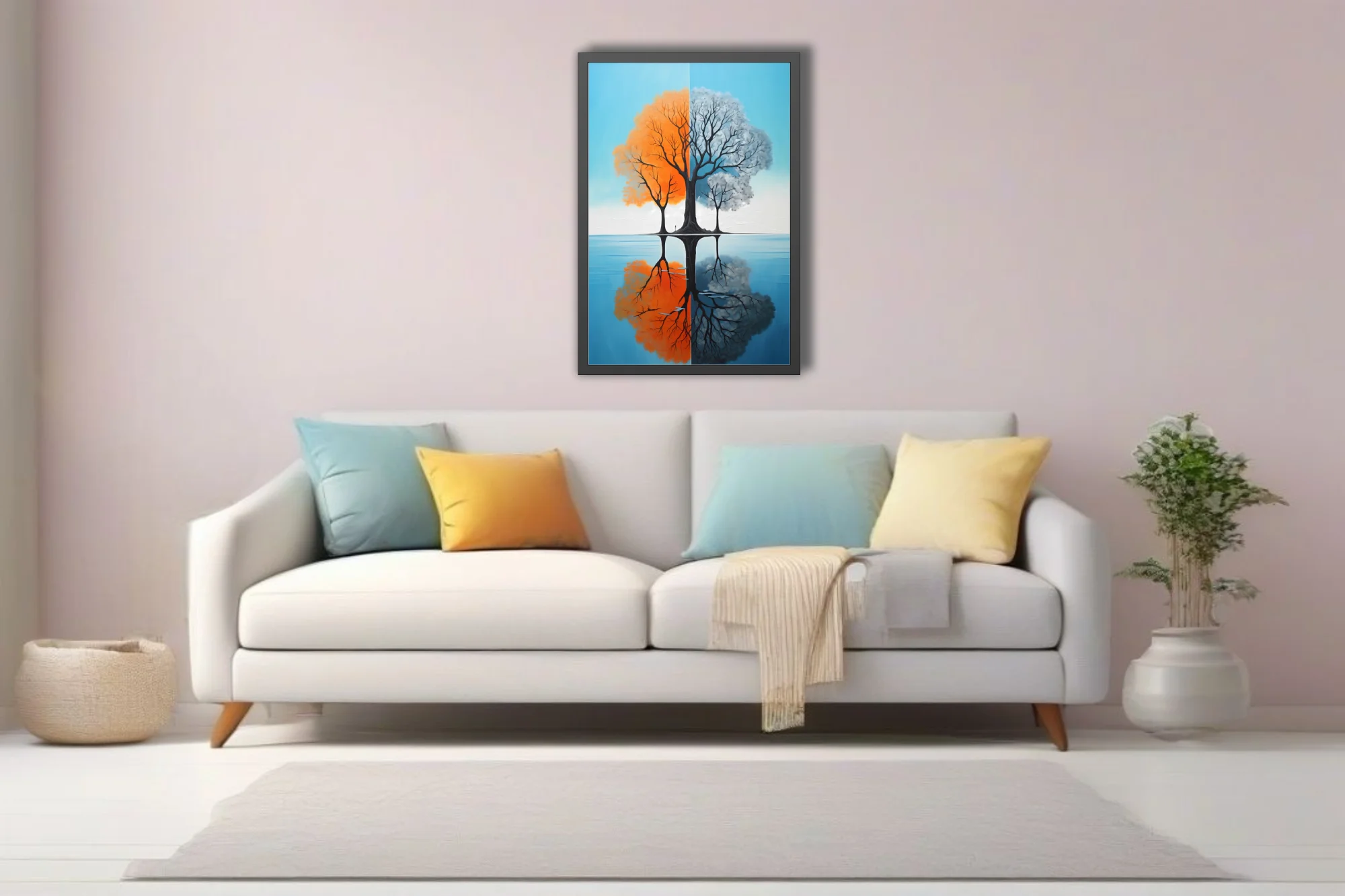 Abstract split-season tree art, orange and grey tones with water reflection