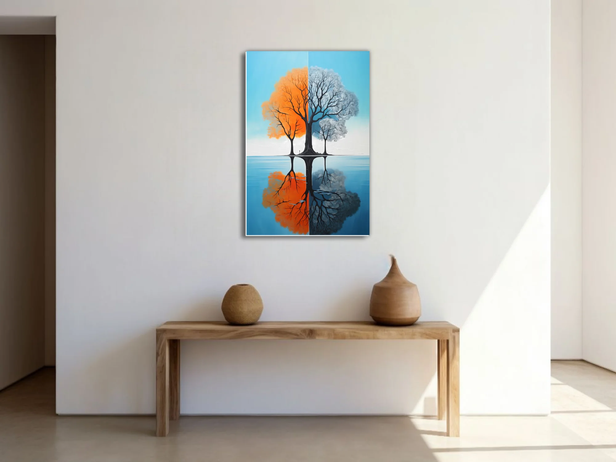 Abstract split-season tree art, orange and grey tones with water reflection