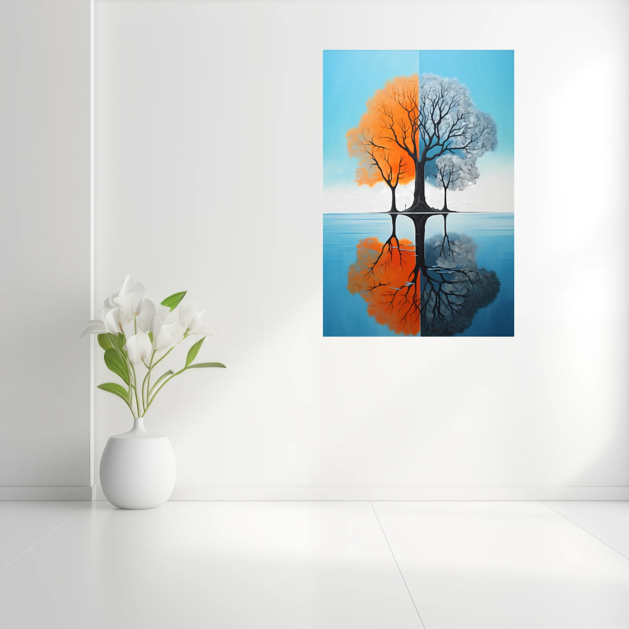 Abstract split-season tree art, orange and grey tones with water reflection
