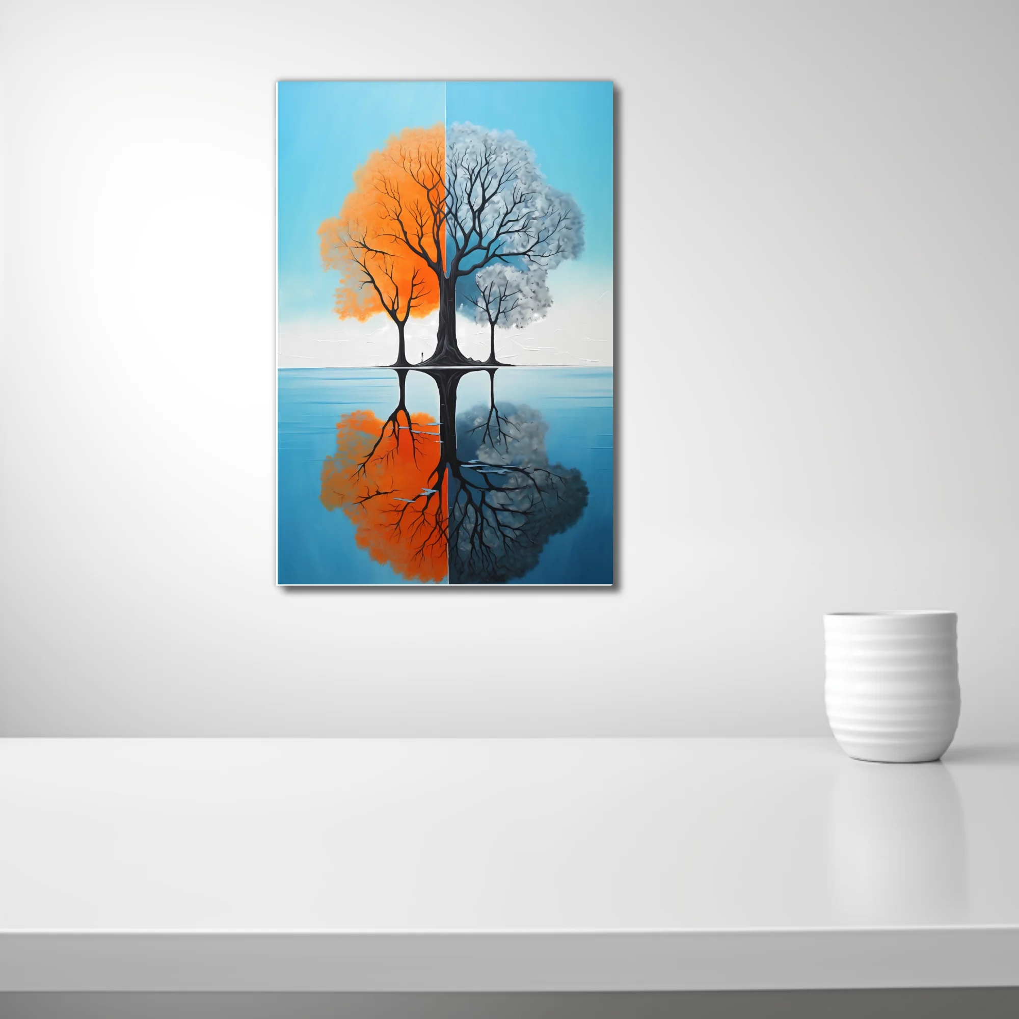 Abstract split-season tree art, orange and grey tones with water reflection
