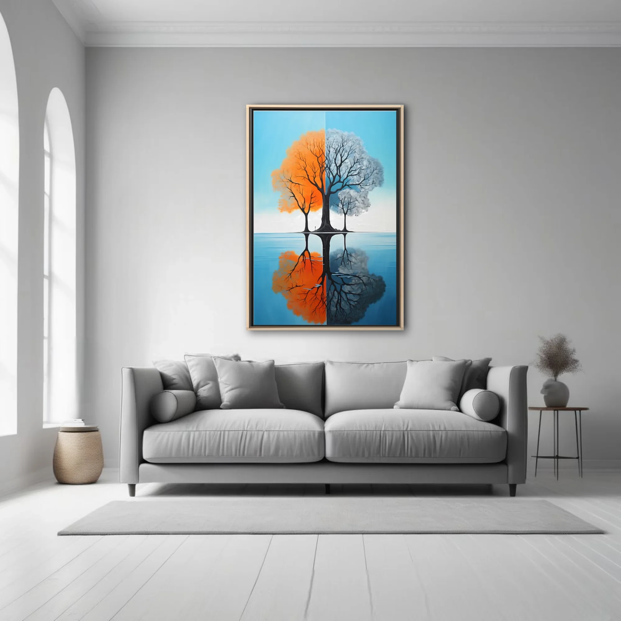 Abstract split-season tree art, orange and grey tones with water reflection