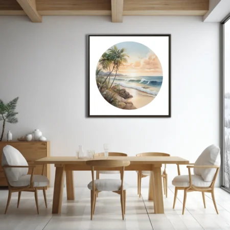 Watercolor-style tropical beach scene with palm trees, waves, and golden sunset sky