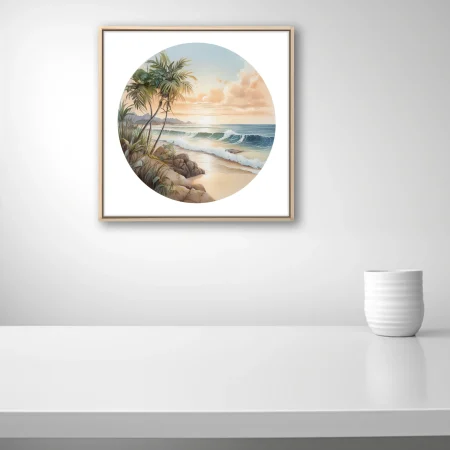 Watercolor-style tropical beach scene with palm trees, waves, and golden sunset sky
