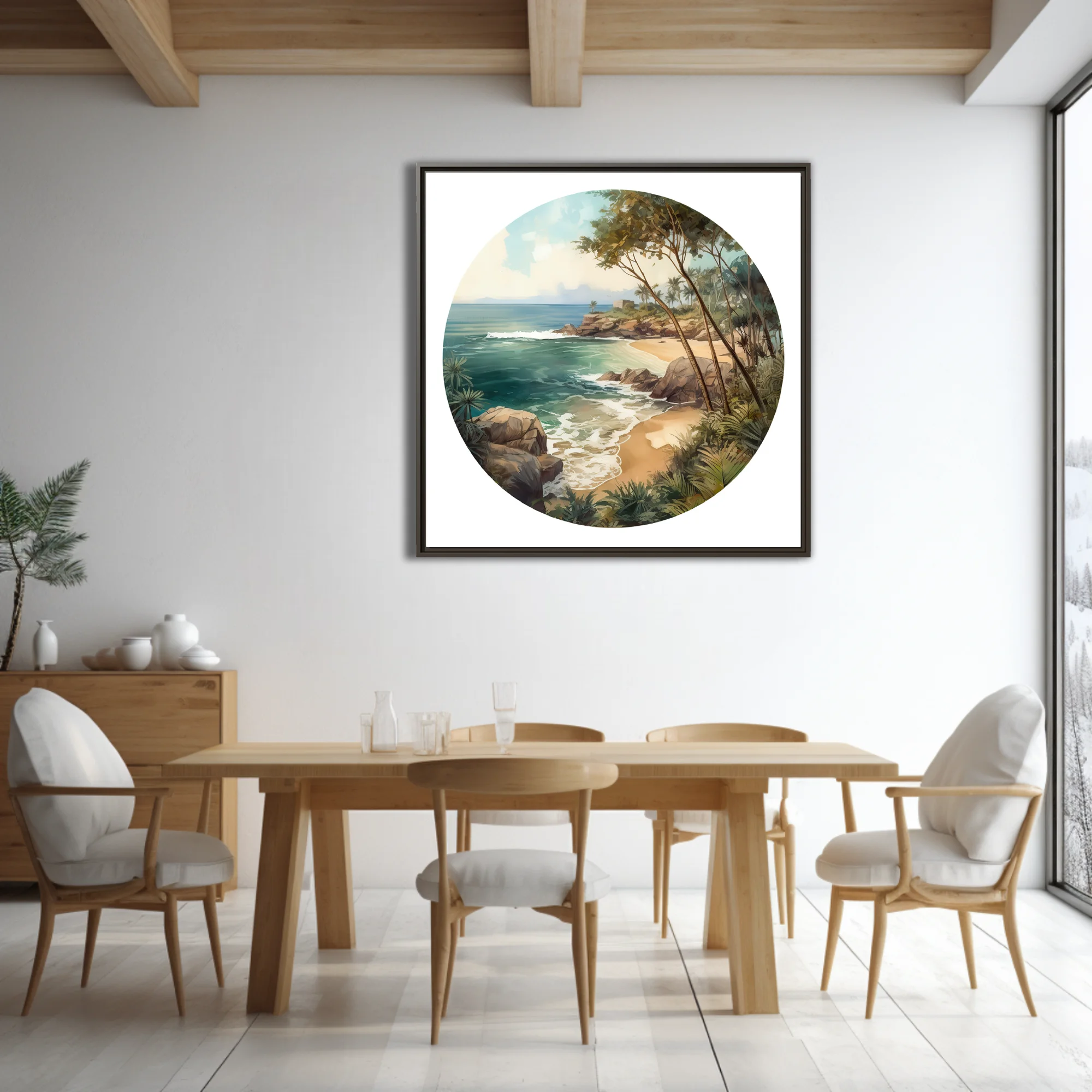 Graphic watercolor-style tropical beach cove with teal ocean, rocks, and lush palms