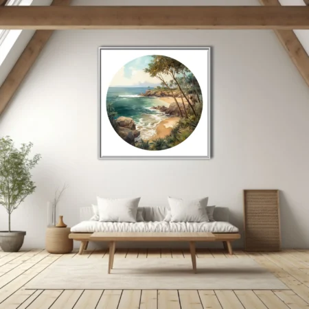 Graphic watercolor-style tropical beach cove with teal ocean, rocks, and lush palms