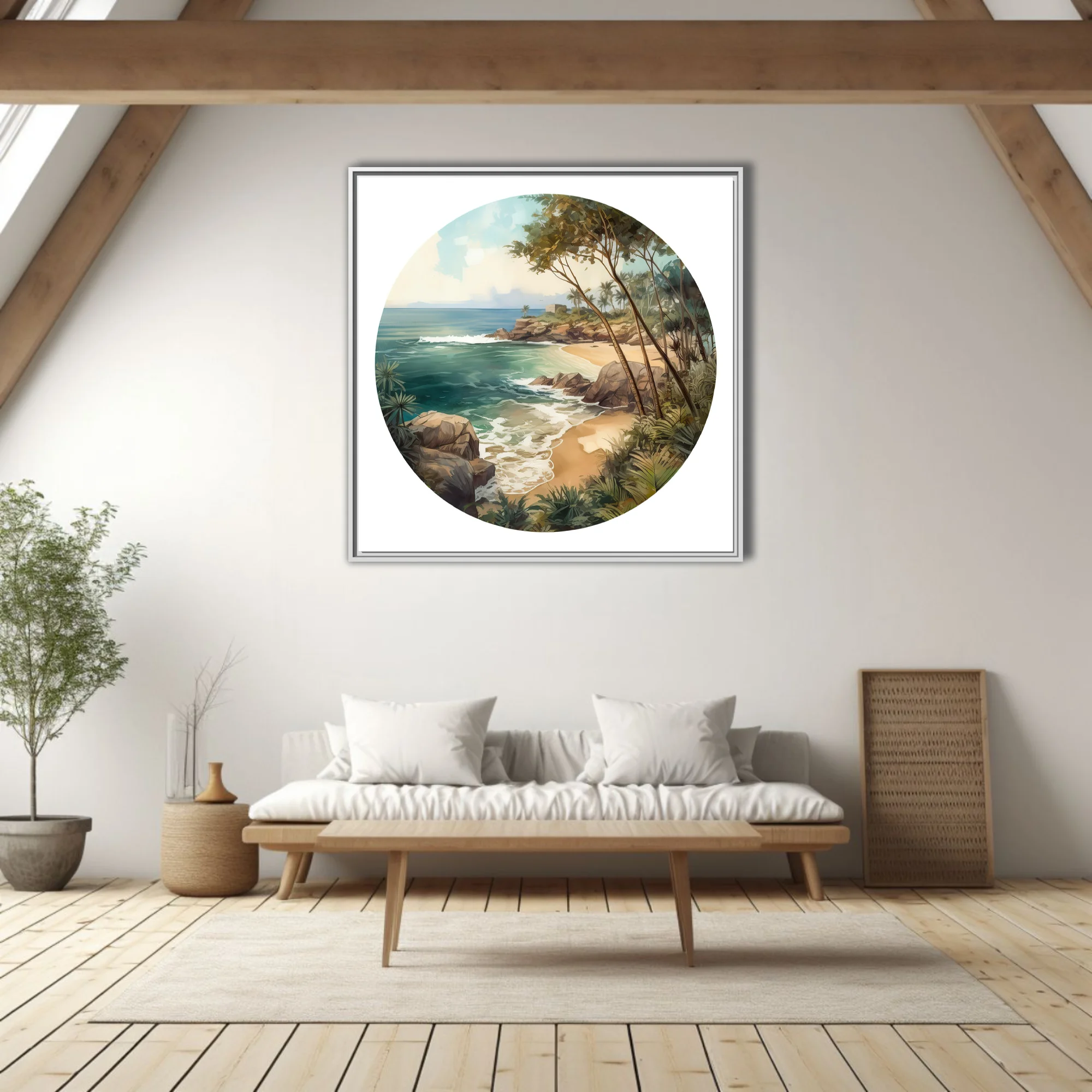 Graphic watercolor-style tropical beach cove with teal ocean, rocks, and lush palms